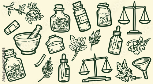 Herbal remedies and natural medicine collection with mortar pestle and scales