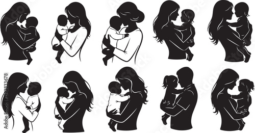 Mother and child love silhouettes in black and white