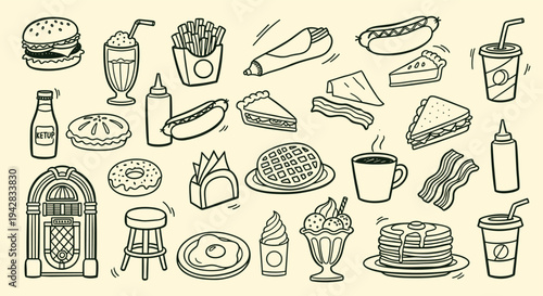 Retro diner food and decor collection doodle art