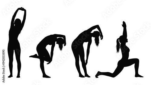 Silhouette of a woman demonstrating various stretching and yoga poses