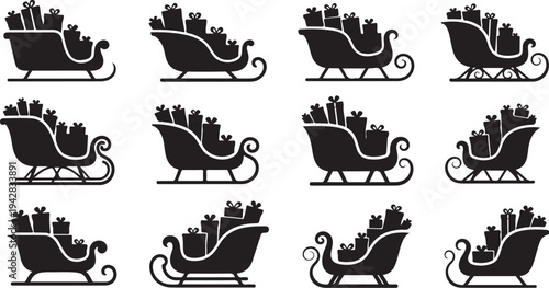 Black Silhouettes of Sleighs with Presents on White Background