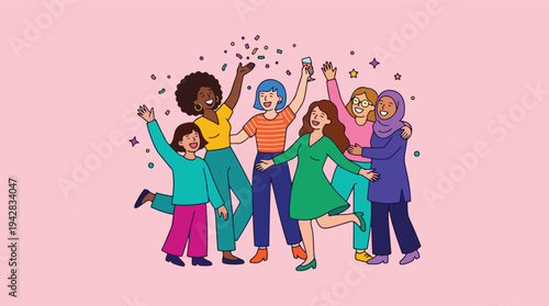 Diverse Group of Women Celebrating Together with Confetti and Drinks.