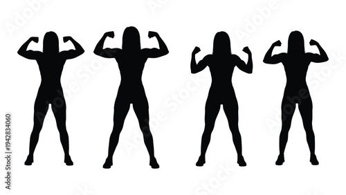 Four silhouettes of women flexing their muscles demonstrating strength and fitness