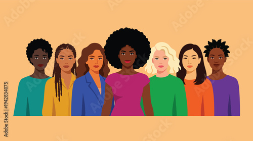 Diverse group of women standing together celebrating unity and strength.