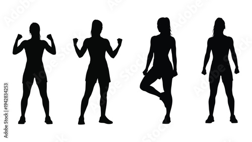 Four silhouettes of women in dynamic poses showcasing strength and movement