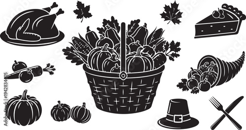 Thanksgiving icons and symbols in black and white illustration