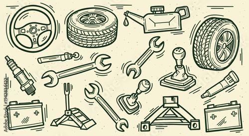 Car repair tools and parts vintage sketch illustration