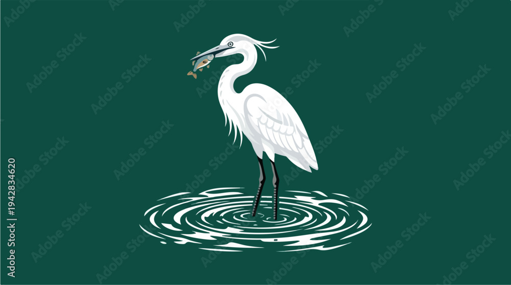 Obraz premium Elegant White Egret Standing in Rippling Water with Fish in Beak.
