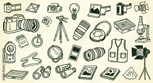 Photography equipment collection doodle illustration