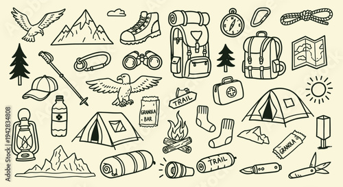 Camping Gear Doodle Collection Outdoor Adventure Hiking Equipment Icons