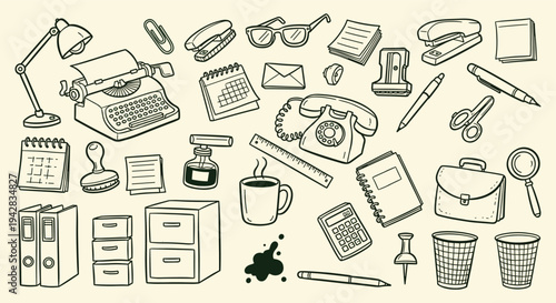 Retro Office Supplies Doodle Collection Vintage Desk Items Hand Drawn Style
