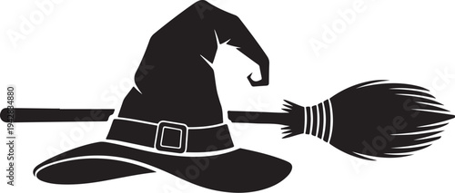 Black Witch Hat and Broomstick Silhouette Icon Graphic Design