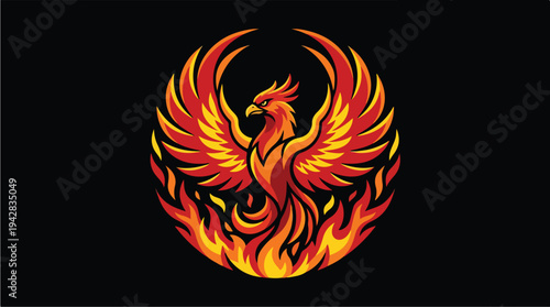 Fiery Phoenix Rising from Flames Illustration.
