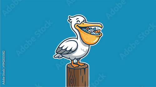 Funny cartoon pelican with full beak of fish perched on a wooden post.