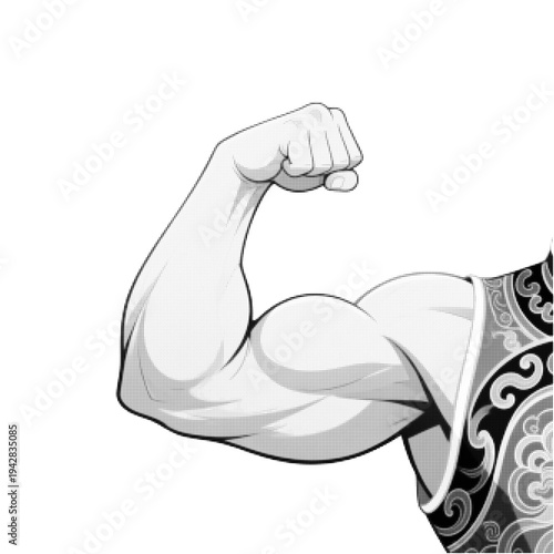 Black and white halftone illustration of a muscular arm with clenched fist. Strength, power and fitness concept isolated on white background in vintage engraving style.