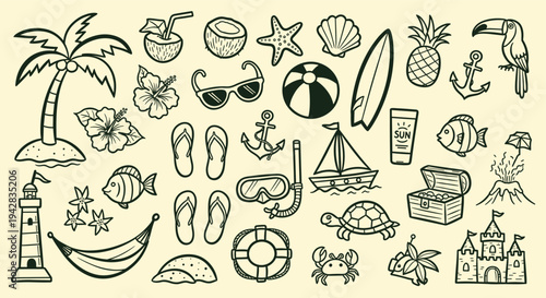 Summer Vacation Beach Elements Collection Hand Drawn Doodle Style