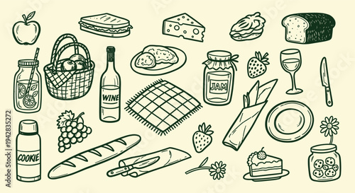 Picnic Food Assortment Hand Drawn Sketch Style
