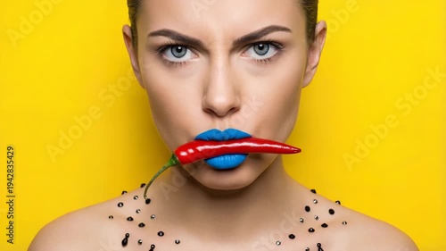 Bright colors ignite bold expressions as a woman playfully poses with a chili pepper against a yellow backdrop