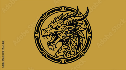 Golden Dragon Head Emblem on Yellow Background.