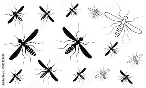 Mosquito icons. Mosquito vector. Silhouette of mosquito or insect. Seamless pattern of insects. Vector illustration.