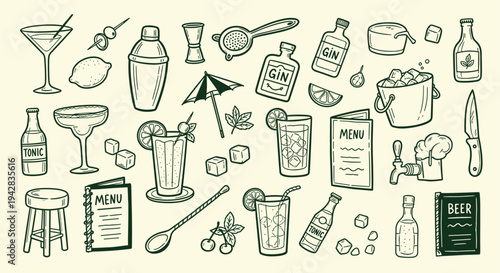 Hand Drawn Cocktail Bar Elements Collection Doodle Style