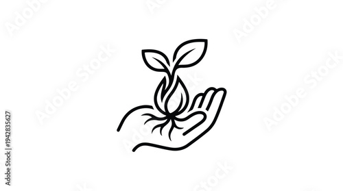 Hand Holding a Sprout with Leaves and Roots.