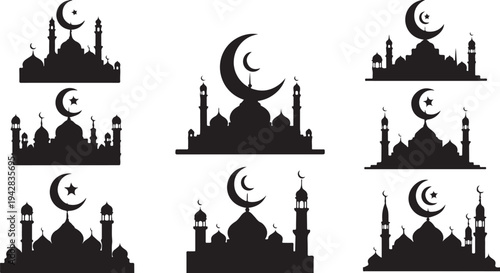 Black Silhouettes of Mosques with Crescent Moons at Night
