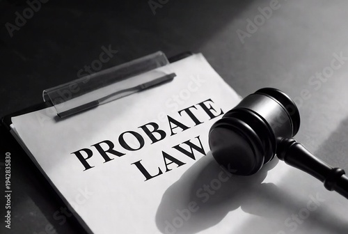 Legal document related to probate law, with a pen and gavel. A courtroom or legal office setting.