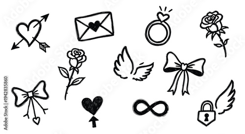 Hand Drawn Love Symbols Collection Romantic Icons Heart Rose Ring Bow Infinity Lock Wings