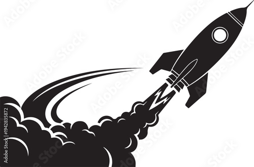 white background rocket launch black silhouette vector.