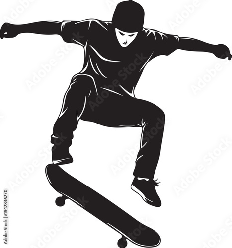 white background skateboard trick black silhouette vector.