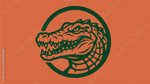 Illustration of an aggressive alligator head in a circle.