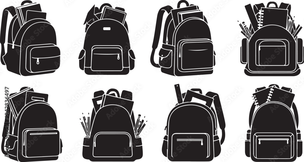Fototapeta premium Collection of black backpacks with school supplies illustrations