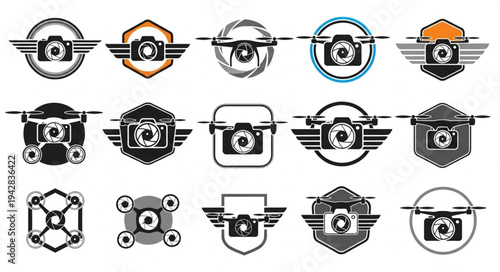 Collection of drone and camera logos and emblems.