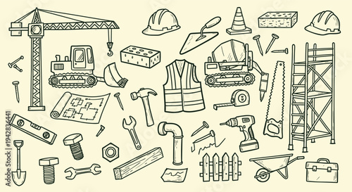 Construction tools and equipment doodle set on beige background