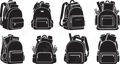 Collection of black backpacks with school supplies illustrations