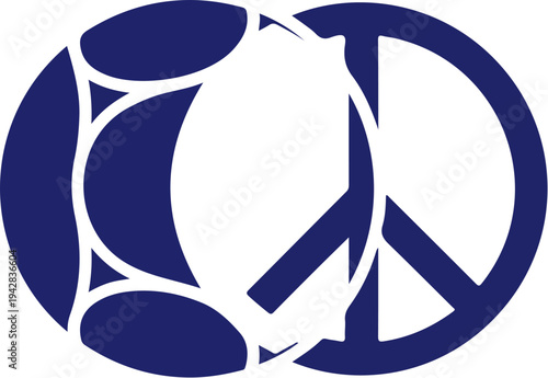 A powerful graphic symbol uniting a stylized globe with the universal peace sign, representing global harmony, international cooperation, and a shared vision for a peaceful world for all humanity