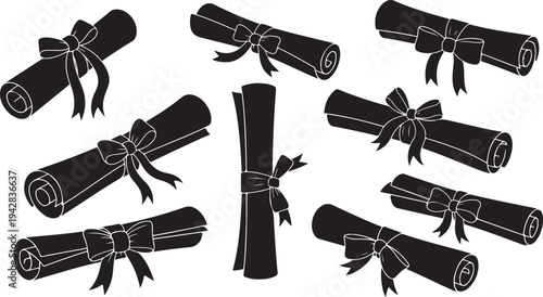 Illustration of rolled up scrolls with ribbons and bows