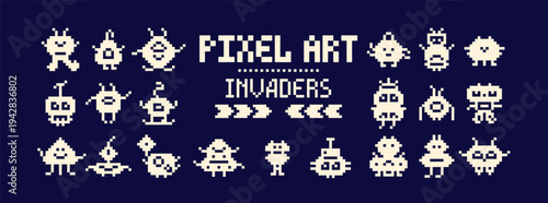 Pixel art 8 bit white occupants on blue background. 