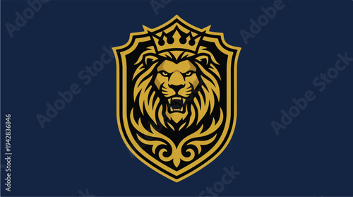 Majestic Lion Head Emblem with Crown and Shield.