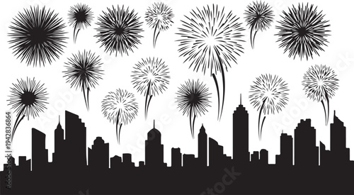 Fireworks exploding over a city skyline at night time