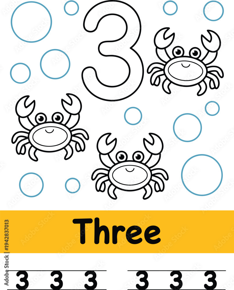 Naklejka premium Three crabs and number three on white background with yellow banner