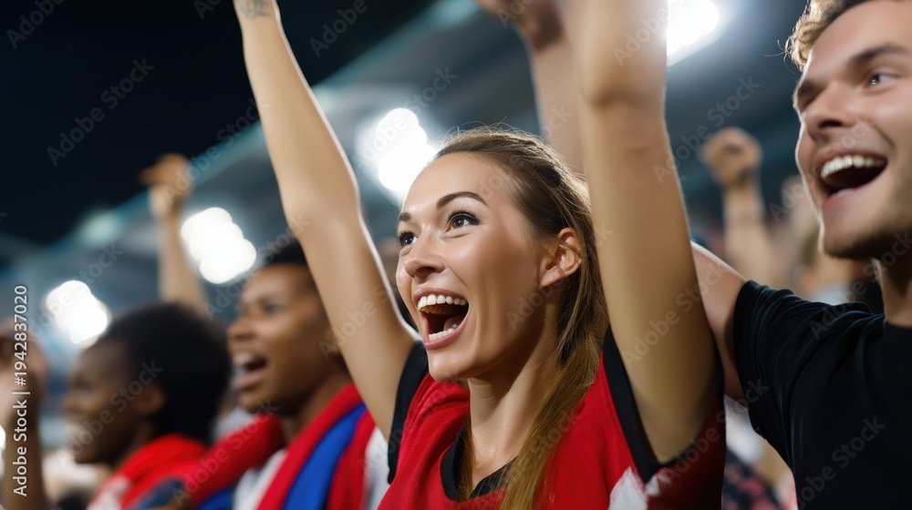 Fototapeta premium Excited fans cheering during nighttime soccer match in stadium 