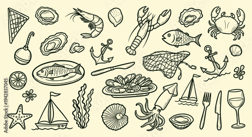 Seafood and Nautical Elements Hand Drawn Sketch Collection