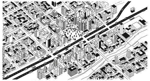Aerial view of a dense city with many buildings and a highway.