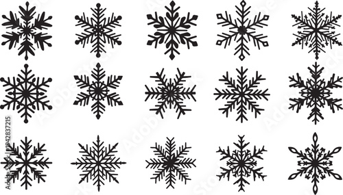 Collection of unique black snowflakes on white background illustration