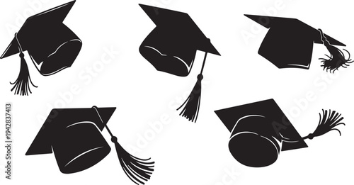 Graduation caps with tassels in various positions and angles
