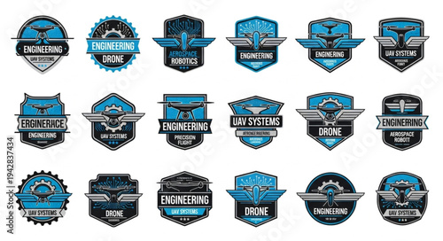Collection of drone aviation emblems and badges.