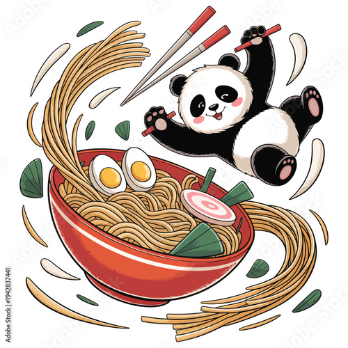 Cute cartoon panda jumping with ramen noodles bowl and chopsticks delicious asian food and japanese cuisine concept
