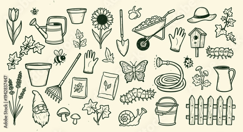 Gardening Tools and Nature Elements Doodle Collection